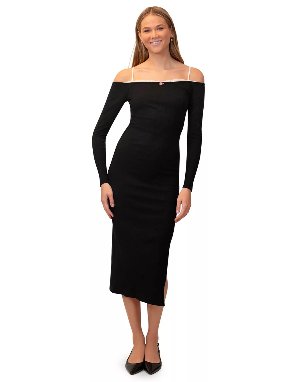 Madden Girl Black Off-Shoulder Long Sleeve Midi Dress